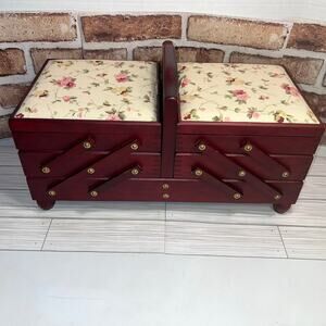 Vintage Impressive Expanding Accordion Wooden Sewing Box Floral Padded Cloth Lid